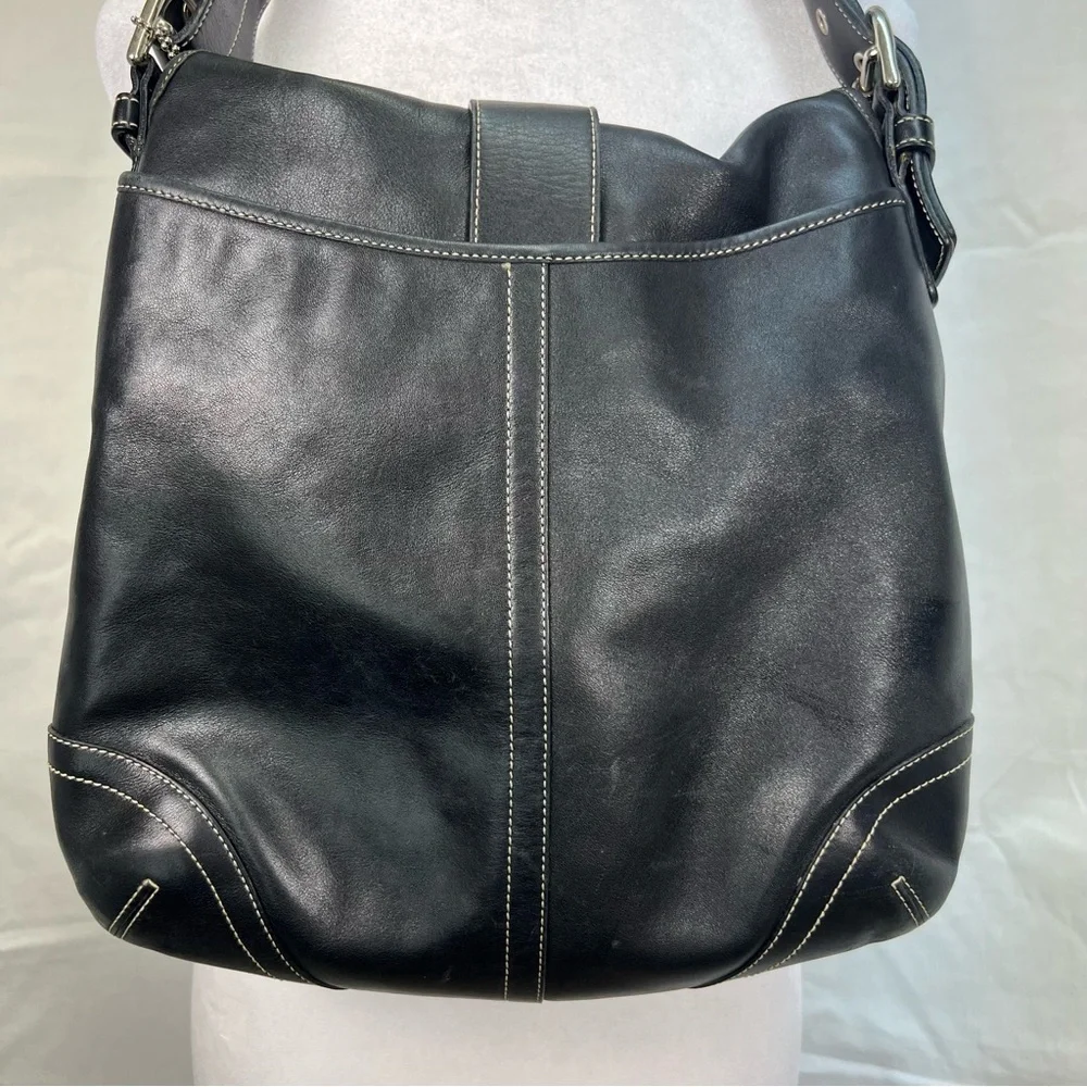 Coach black leather shoulder bag with adjustable strap and silver hardware. - Picture 8 of 11